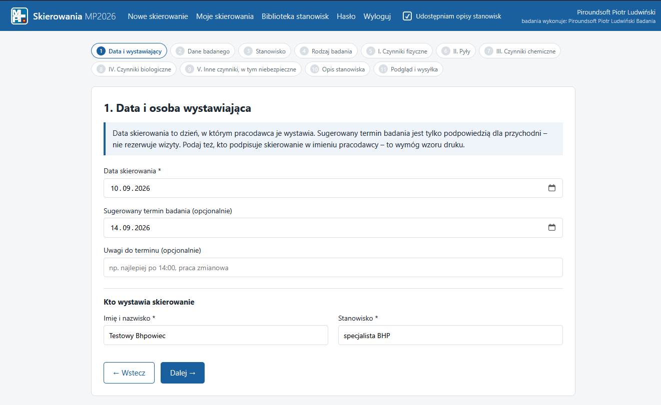 Pierwszy krok internetowego formularza skierowania do medycyny pracy